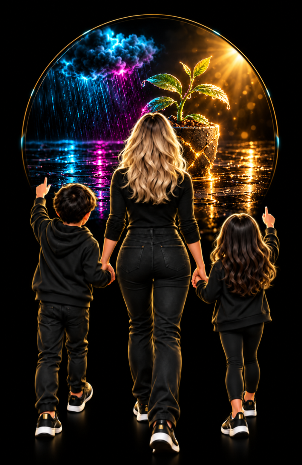 A woman and two children hold hands before a glowing circle containing a storm, sunlight, and a potted plant.