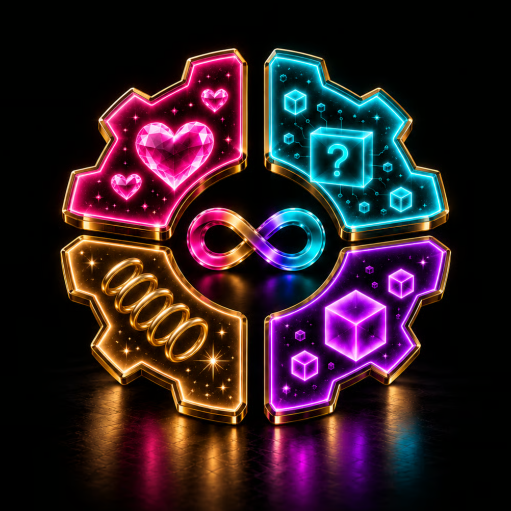 Neon four-panel emblem with hearts, cubes, a spiral, and a central multicolored infinity symbol.