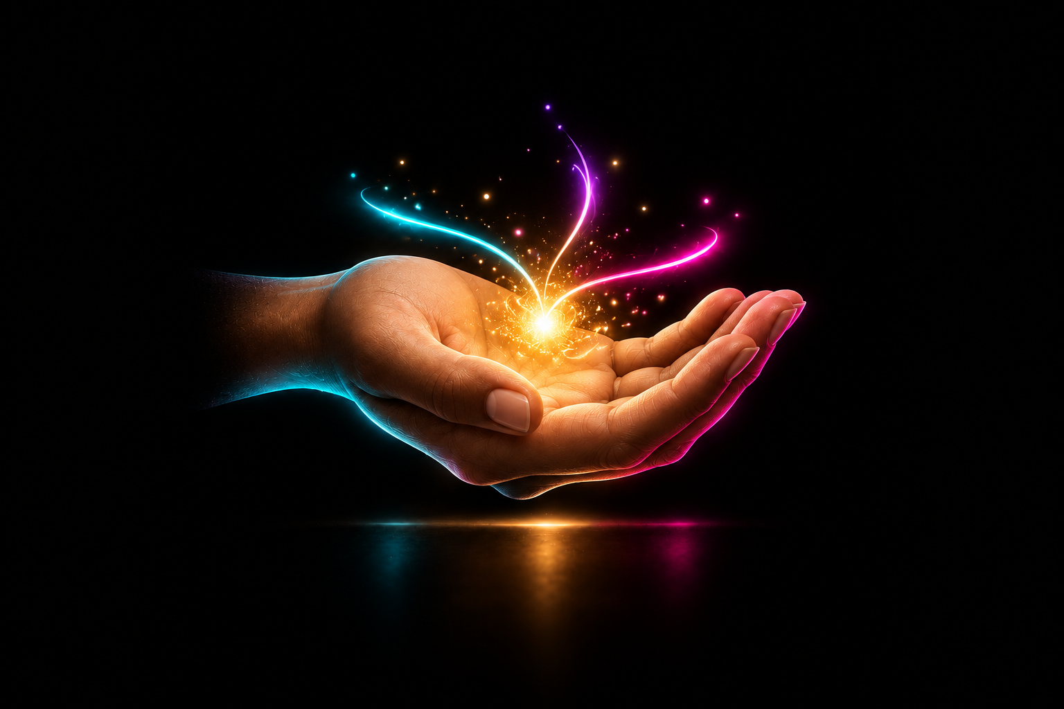 Cupped human hand holding a bright golden light with cyan, violet, and pink glowing trails against black.