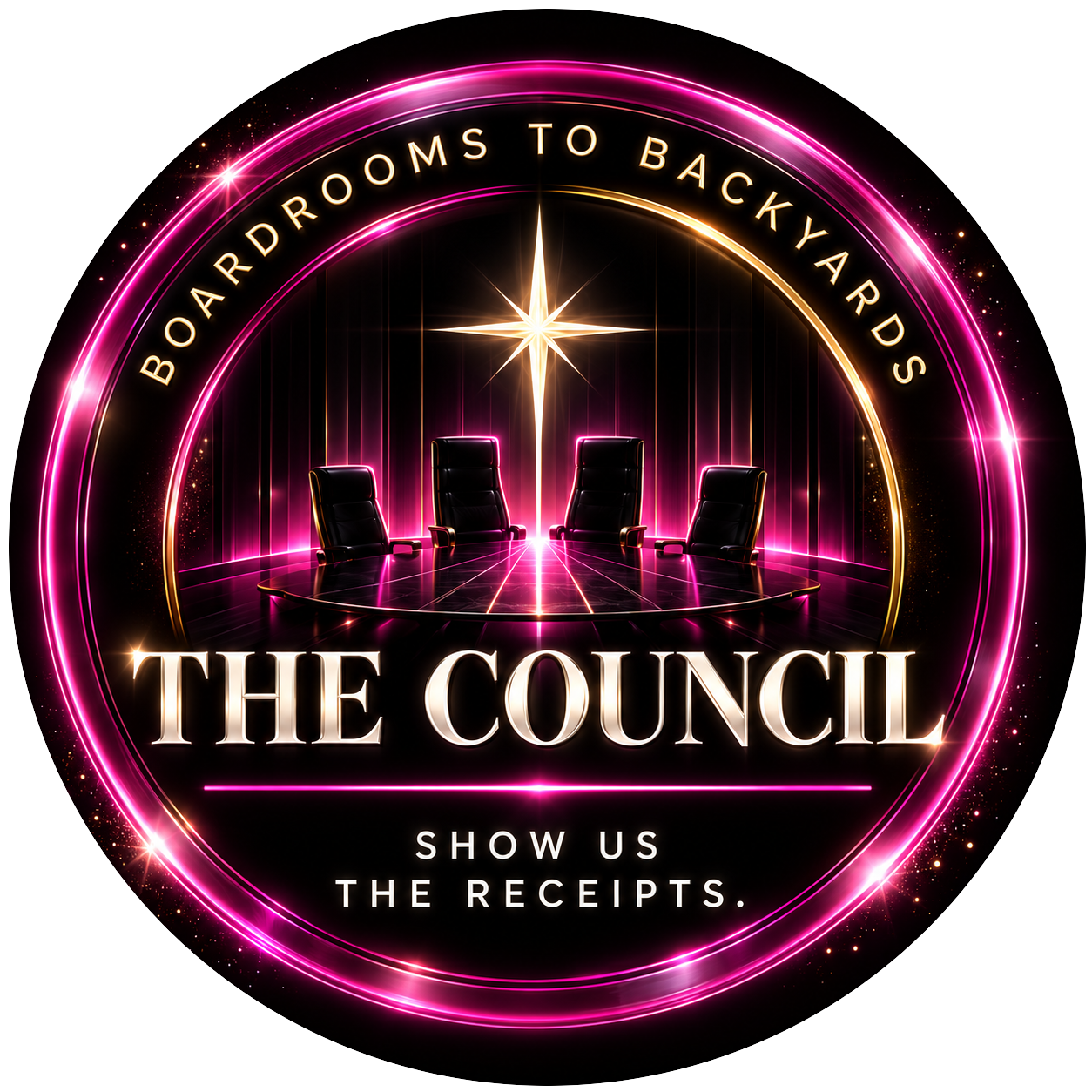 Neon-magenta circular emblem showing four chairs around a glowing conference table with “THE COUNCIL” text.