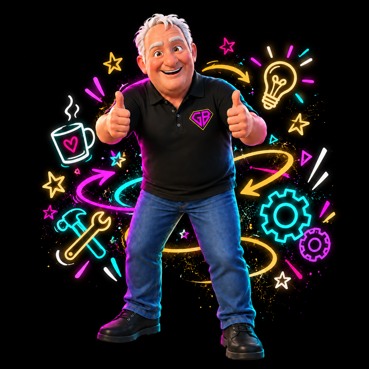 Smiling older man giving two thumbs up amid colorful neon icons on a black background.
