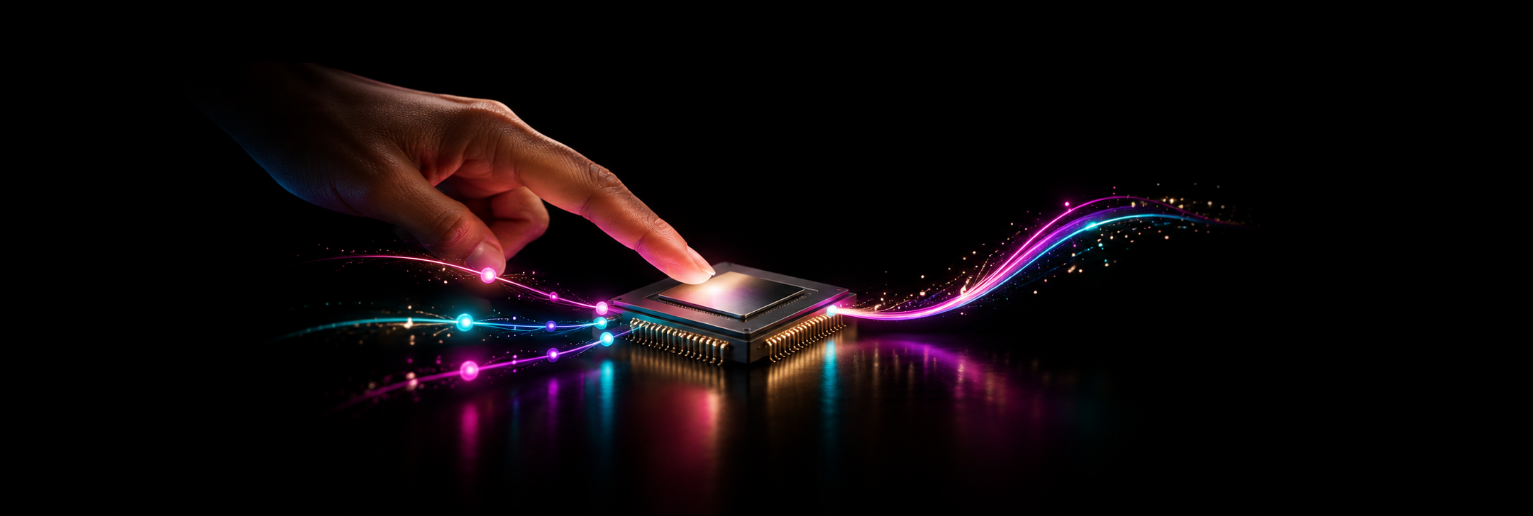 Hand touching a glowing microchip surrounded by colorful neon light trails on a black reflective surface.