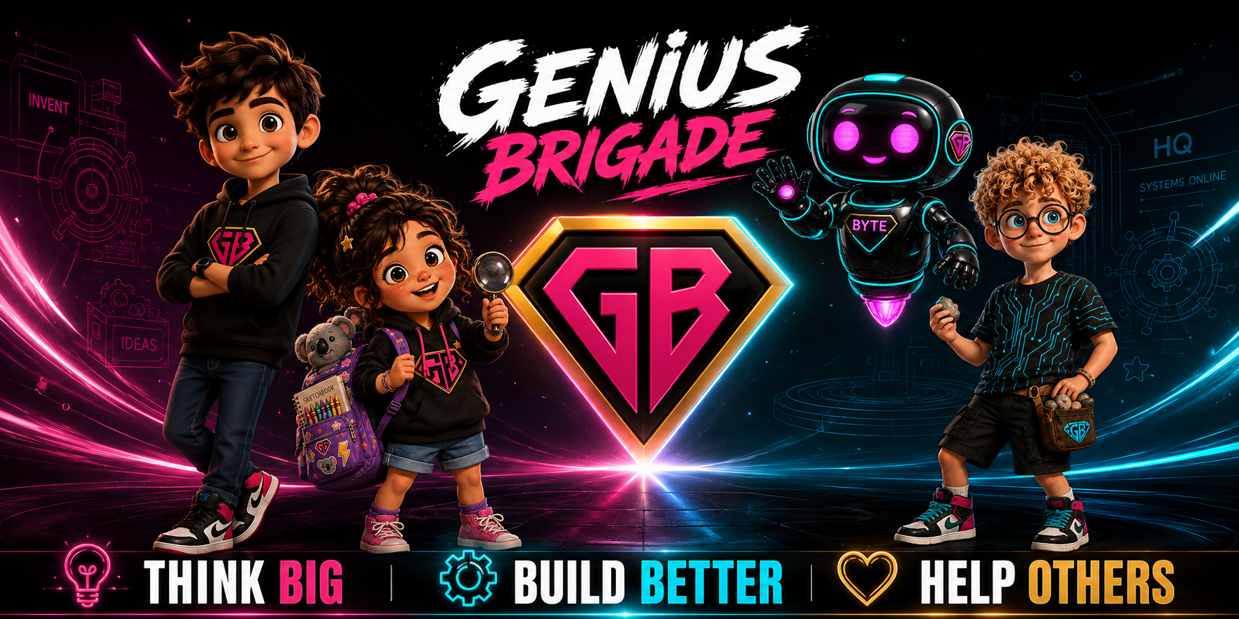 Futuristic “Genius Brigade” banner with four children, a robot, neon GB emblem, and motivational slogans.
