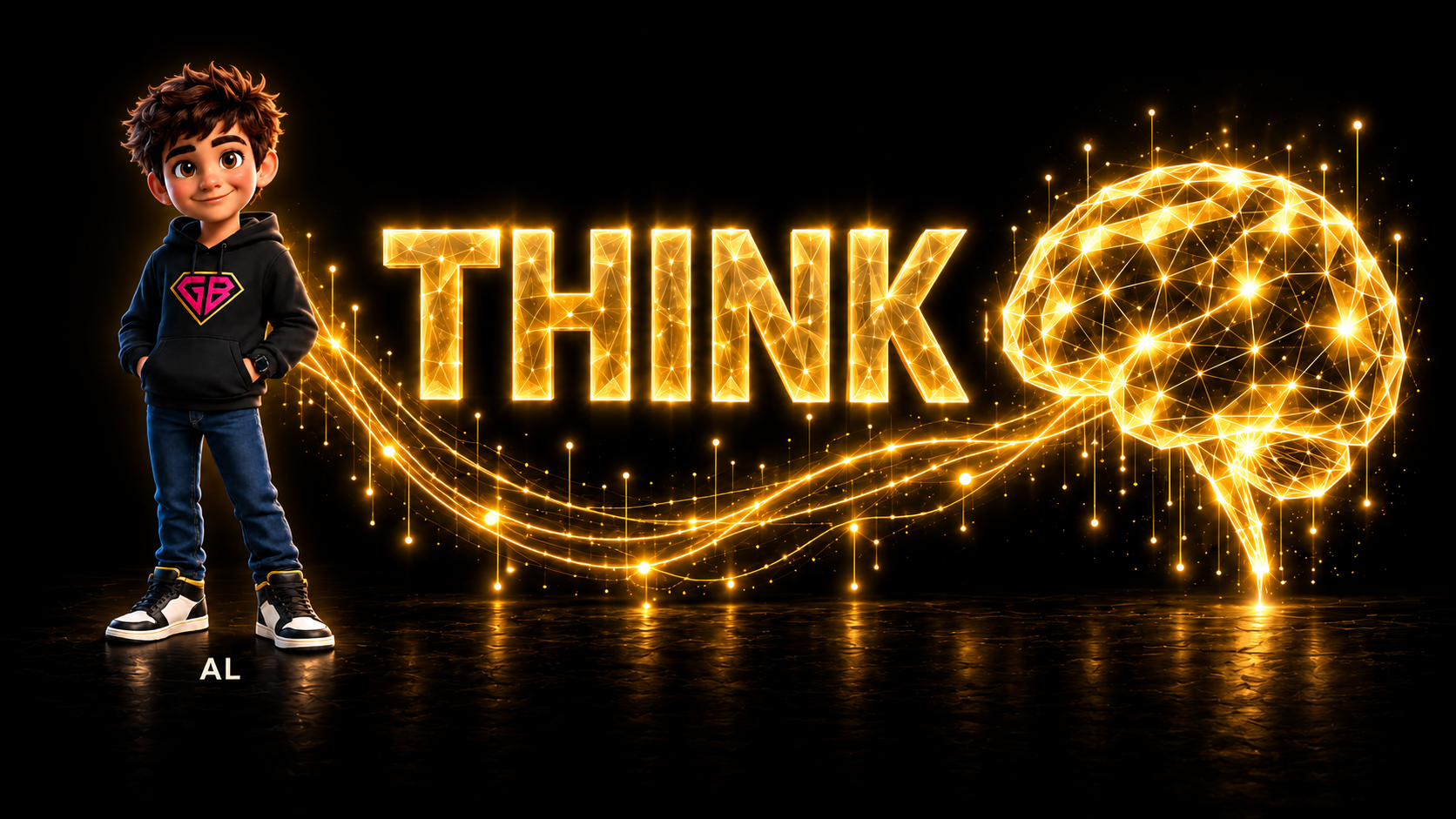 Cartoon boy beside glowing “THINK” text, golden neural brain, and light trails on a black background.