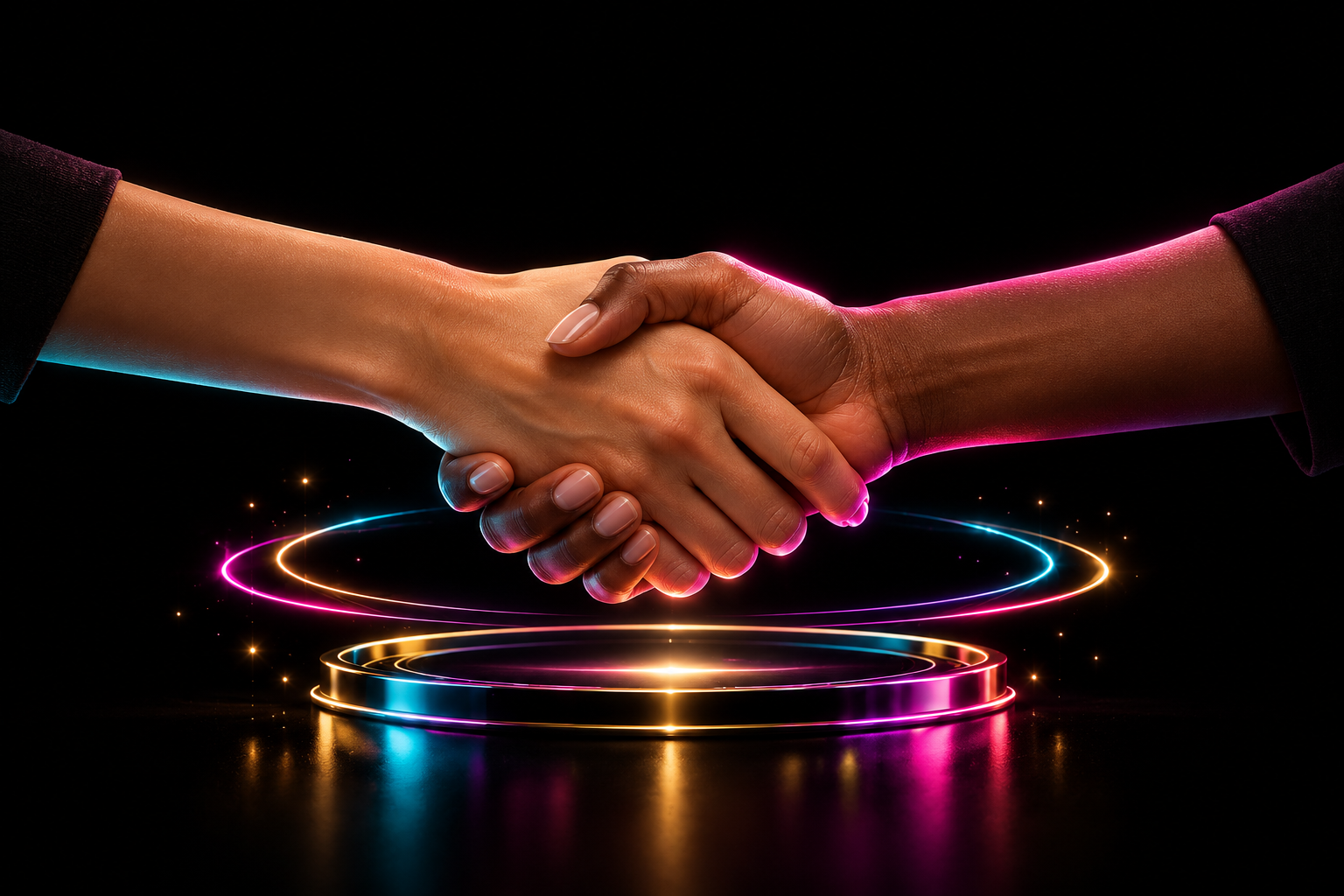 Two hands shake above glowing pink, cyan, and gold neon rings on a black background.