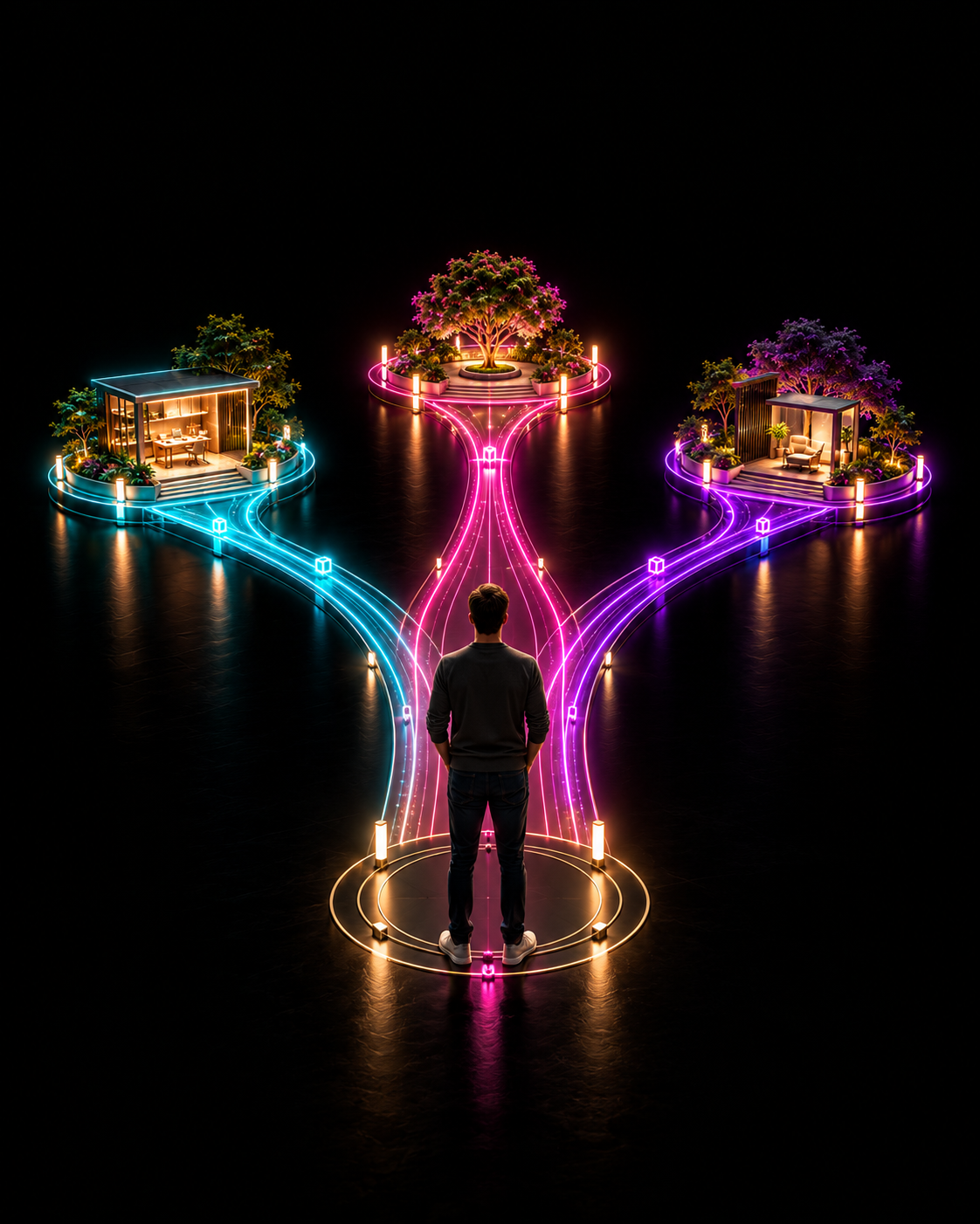 Person faces three neon-lit garden pavilions connected by cyan, pink, and purple branching paths.