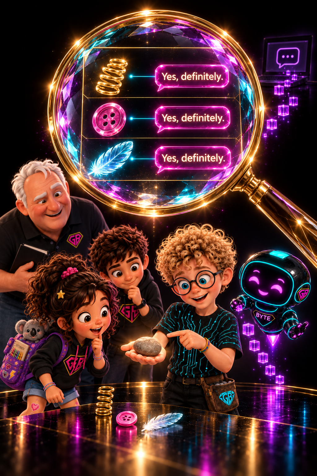 Children, an adult, and a robot examine a stone beneath a neon magnifying-glass diagram.