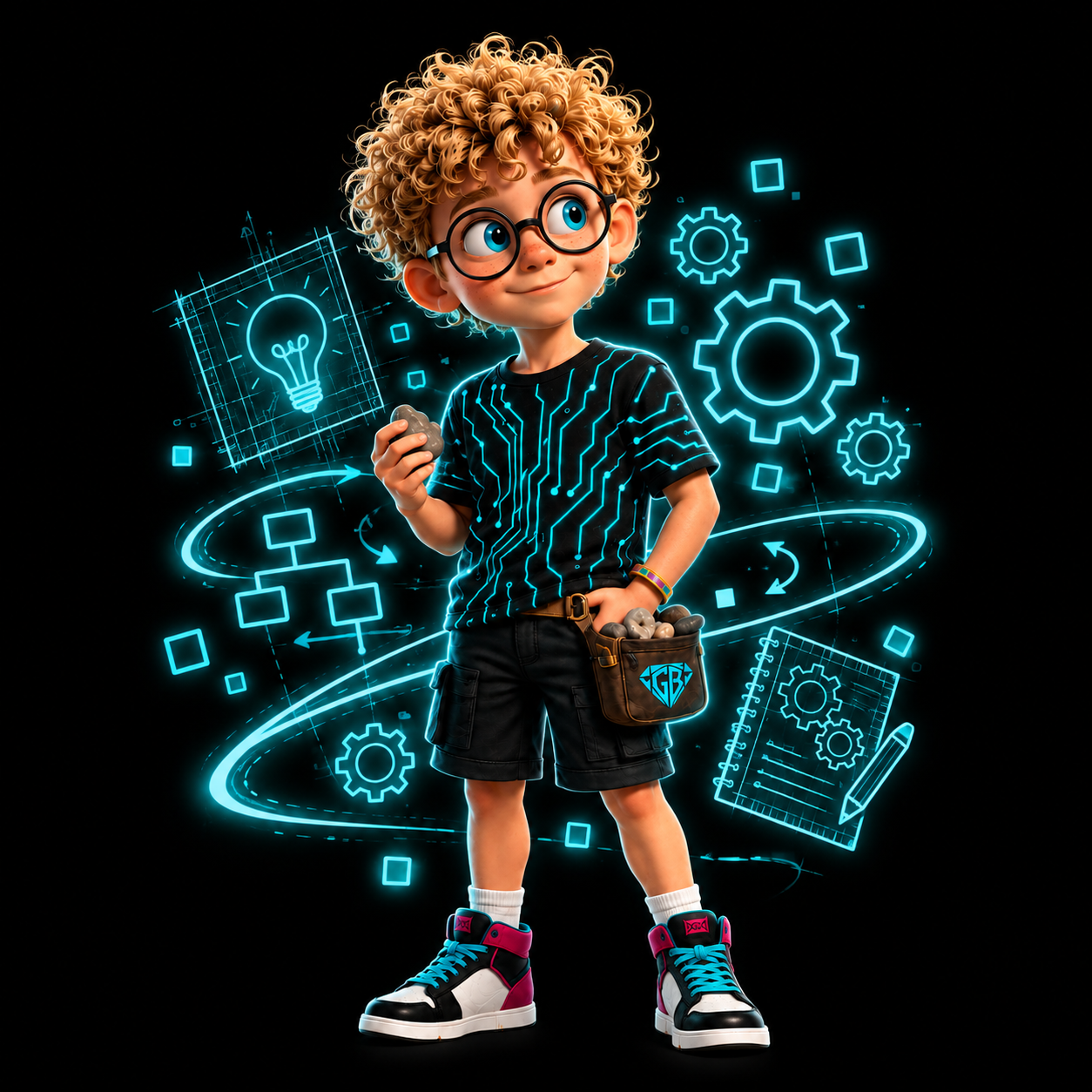 Curly-haired boy in glasses and a circuit-pattern shirt surrounded by glowing cyan gears, diagrams, and technology symbols.