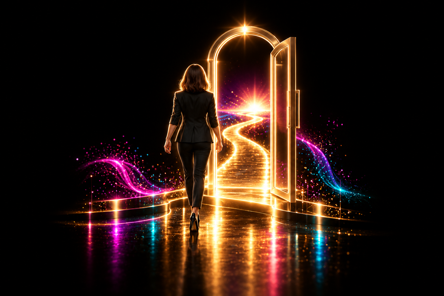 Woman in black walking toward a glowing golden doorway with a winding light path and neon trails.