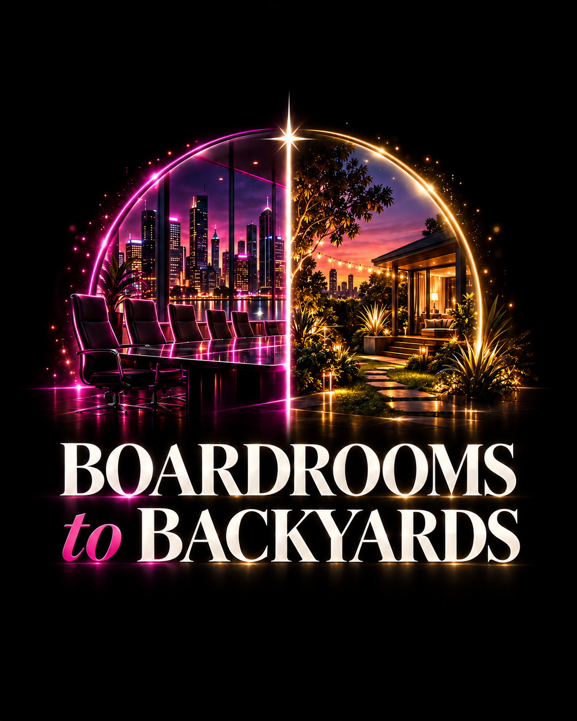 Glowing split scene contrasts a neon city boardroom with a warmly lit landscaped backyard, labeled “BOARDROOMS to BACKYARDS.”