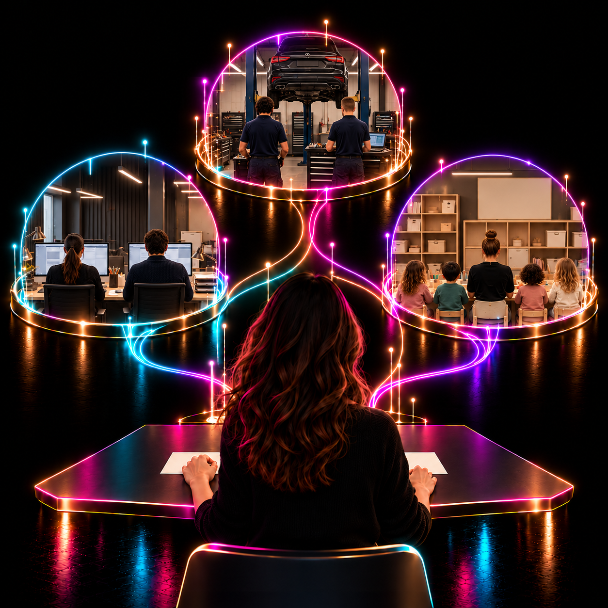 Woman at a neon-lit desk viewing circular scenes of an auto garage, office, and classroom.