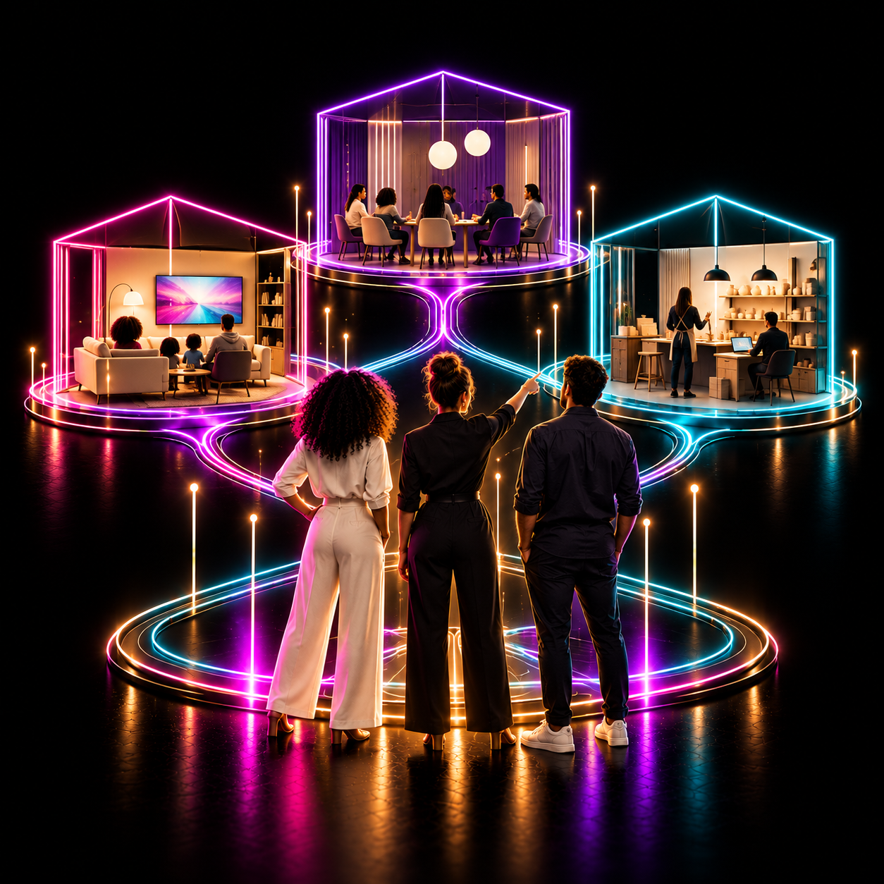 Three people view three neon-outlined rooms showing family, dining, and kitchen scenes.