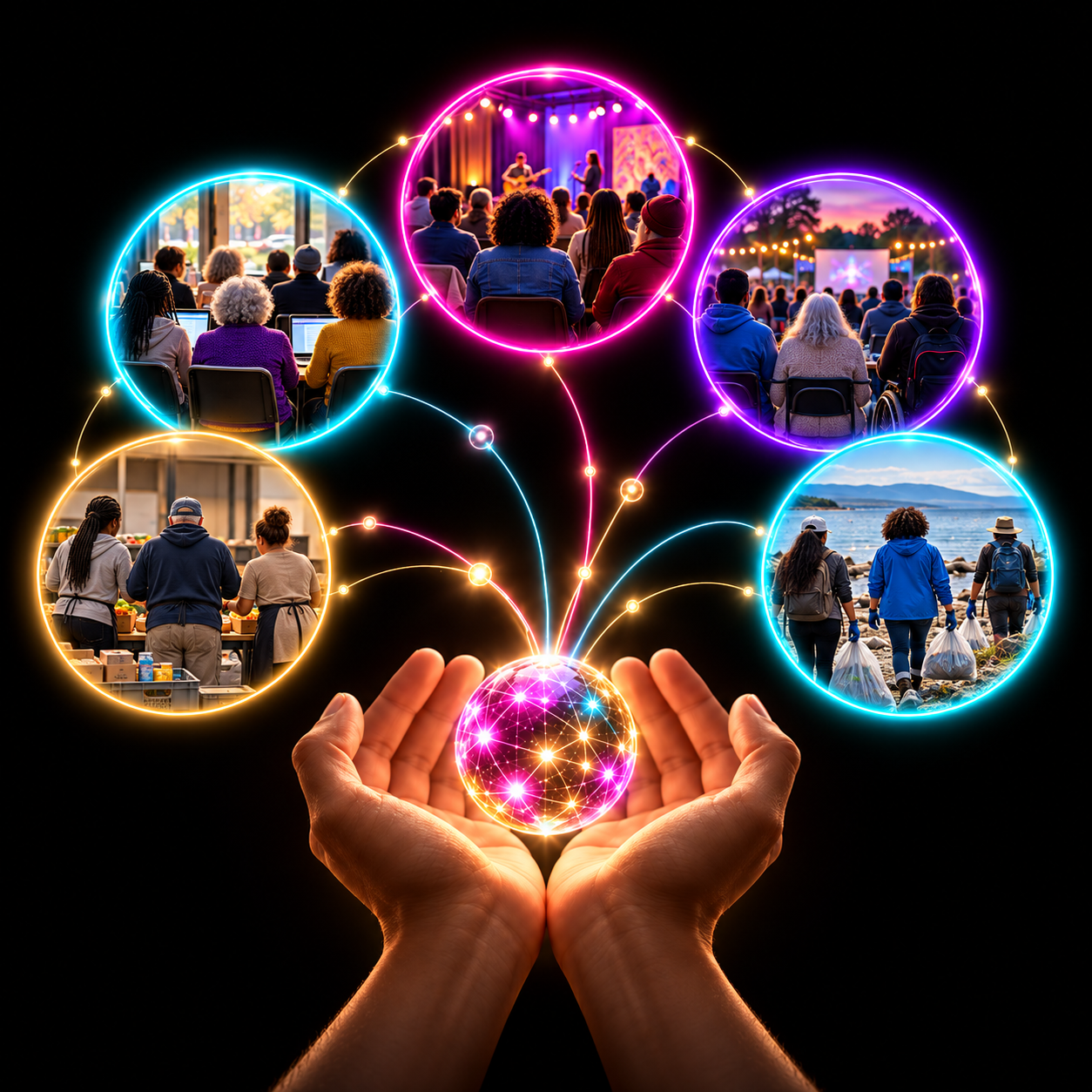 Hands hold a glowing connected orb beneath five neon circles showing community activities.