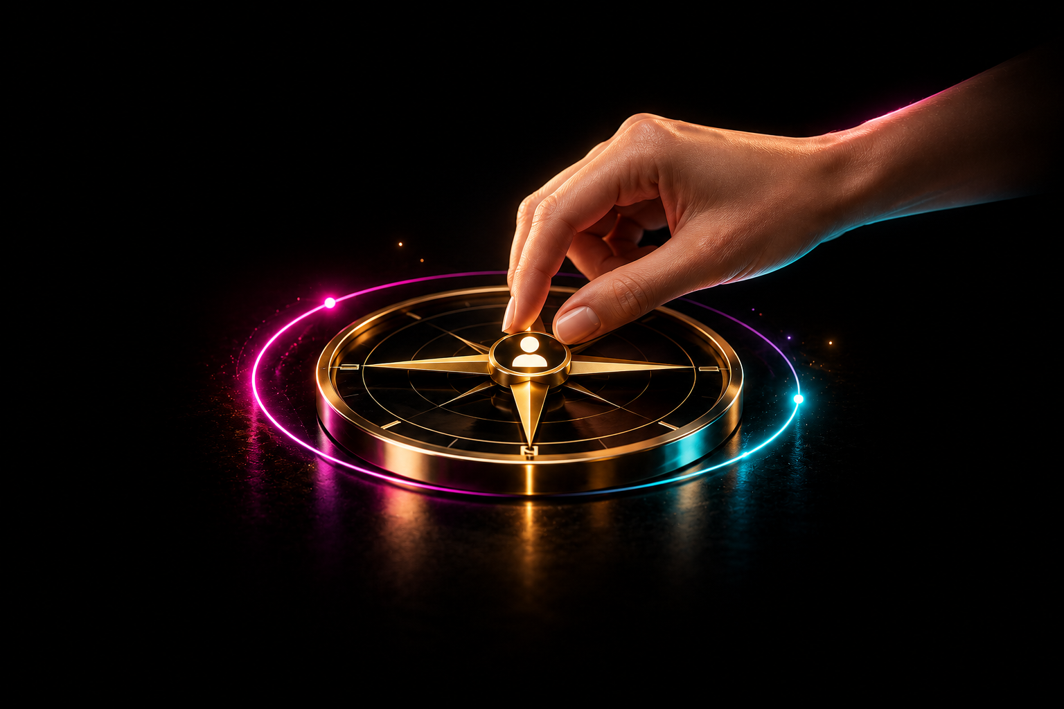 Hand touching a glowing gold compass with a person icon, surrounded by pink and blue neon rings.