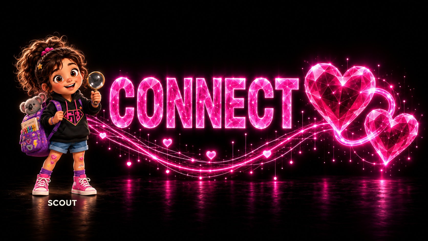 Cartoon girl Scout stands beside glowing pink “CONNECT” text and two connected hearts on a black background.
