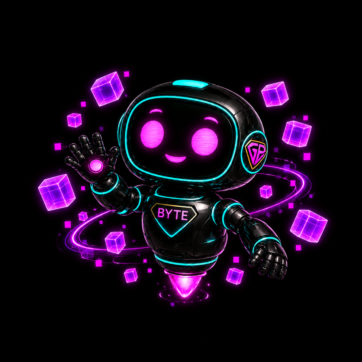 Neon black-and-cyan robot with a magenta smiling face, “BYTE” chest panel, cubes, and orbital rings.