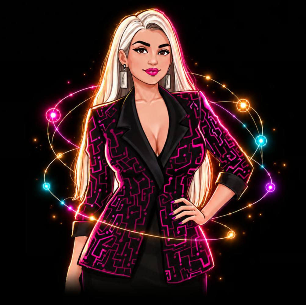 Stylized woman in a neon circuit-pattern blazer surrounded by glowing multicolored orbital rings on black.