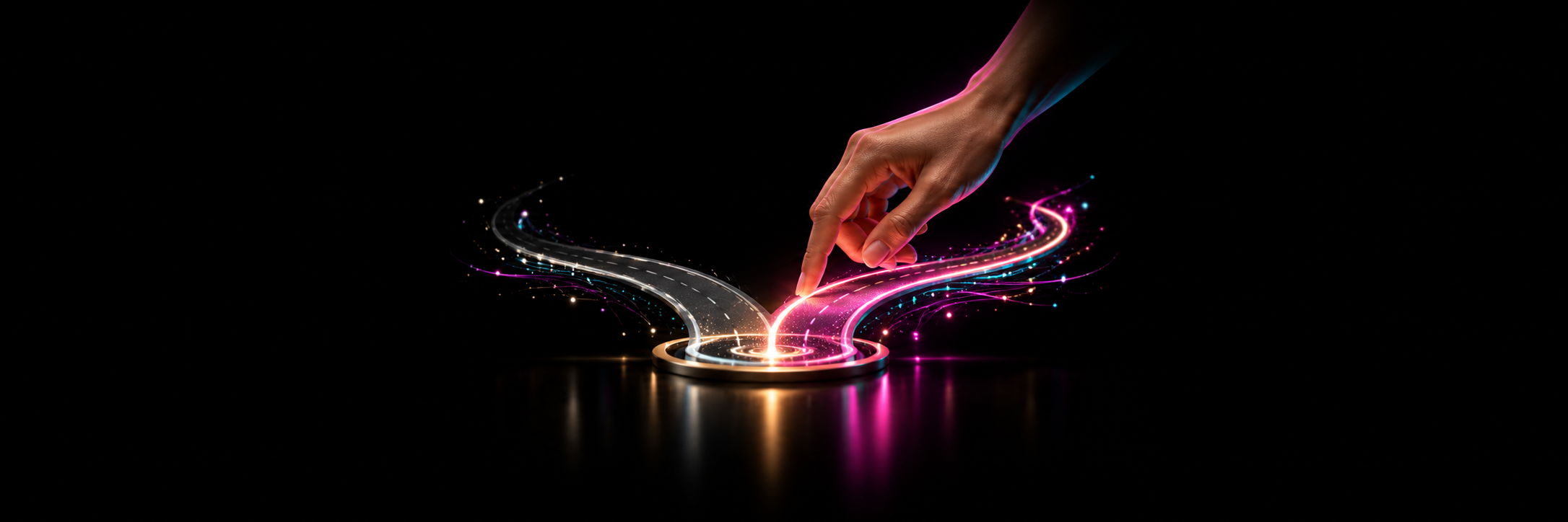 A hand touches a glowing circular junction where silver and magenta paths diverge against a black background.