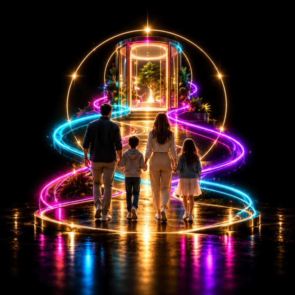 Family of four walks along a neon-lit path toward a glowing glass pavilion surrounded by plants.