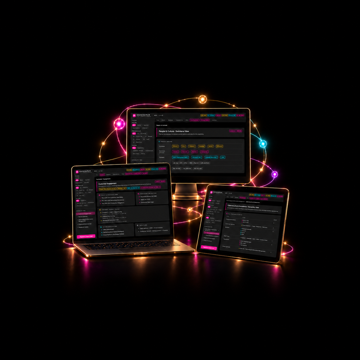 Three dark dashboard devices surrounded by glowing pink, orange, and cyan orbital lines on a black background.