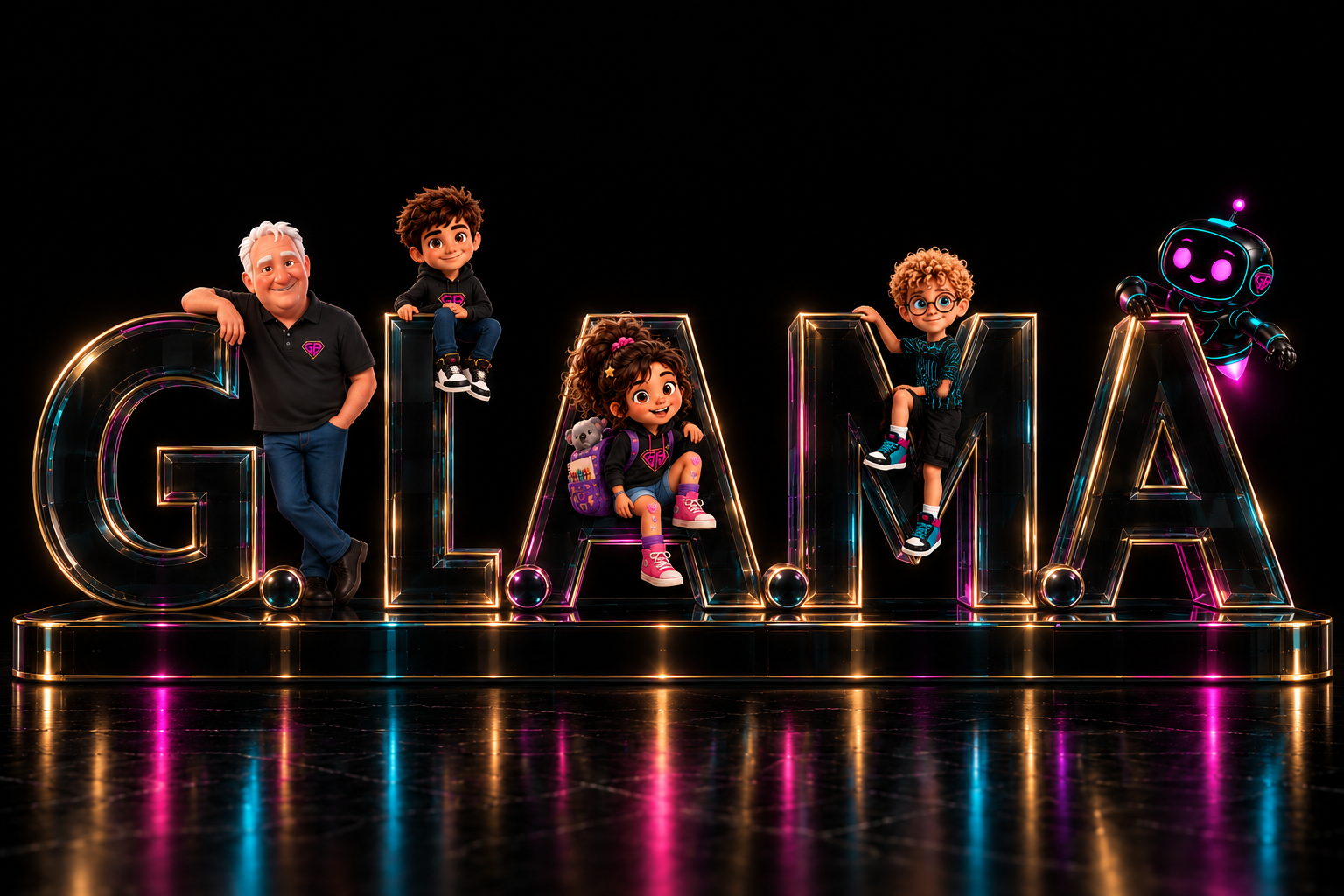 Five stylized characters and a glowing robot pose around large neon-lit letters spelling “GLAMA.”