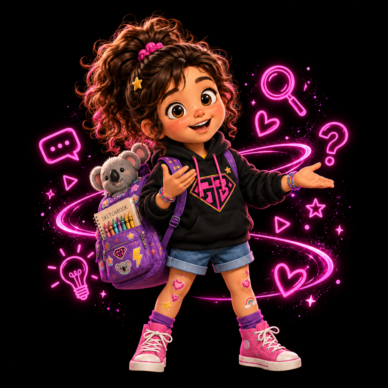 Cartoon girl with curly hair, koala backpack, sketchbook, and neon pink symbols on a black background.