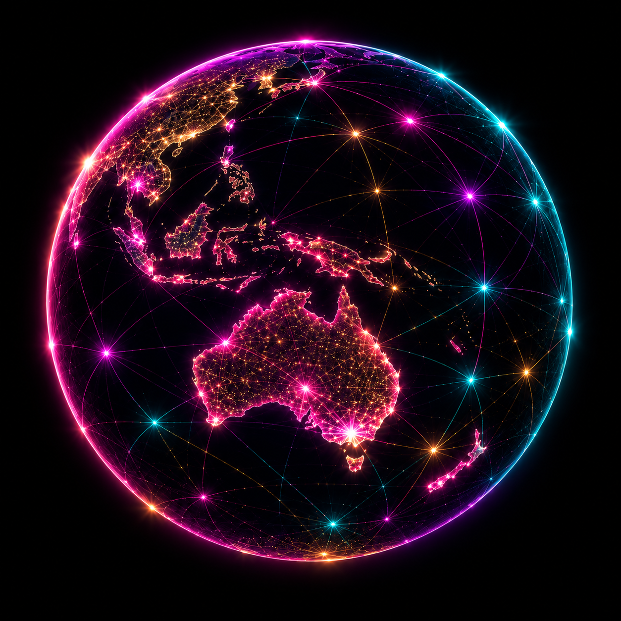 Neon network globe centered on Australia, with glowing city lights and multicolored connections against black.