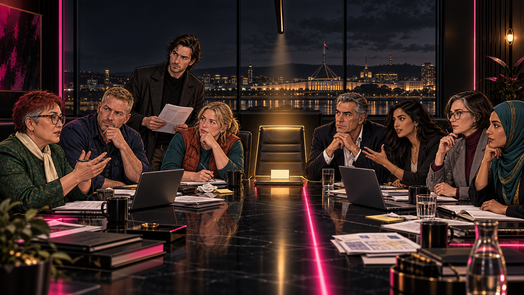 Eight adults confer around a neon-lit conference table overlooking a city waterfront at night.