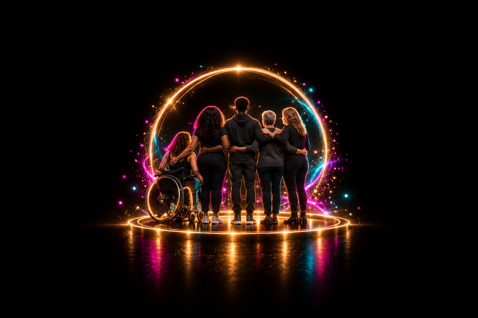 Five people, including a wheelchair user, stand arm in arm inside glowing orange, pink, and blue rings.