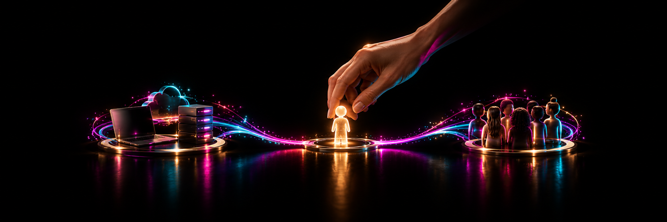 Glowing hand placing a small human figure between technology servers and a group of people.