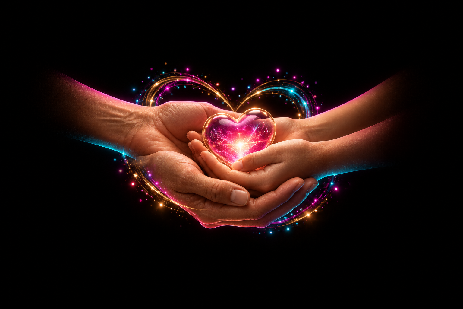 Human hands cradle a glowing pink heart surrounded by colorful neon heart-shaped light trails.