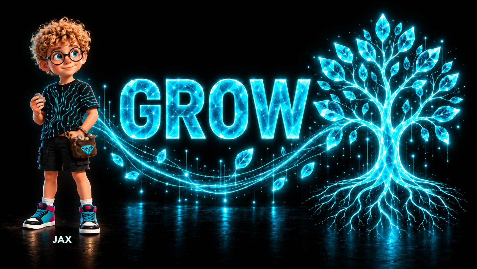 Cartoon boy named JAX stands beside glowing “GROW” text and a luminous digital tree.