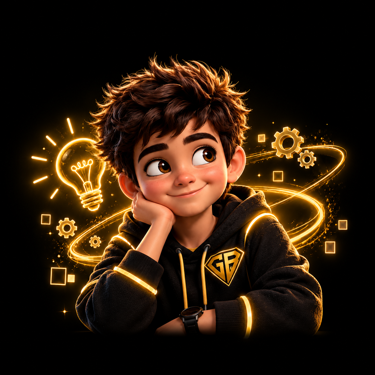 Cartoon boy in a black hoodie surrounded by glowing light bulb, gears, squares, and orbital lines.