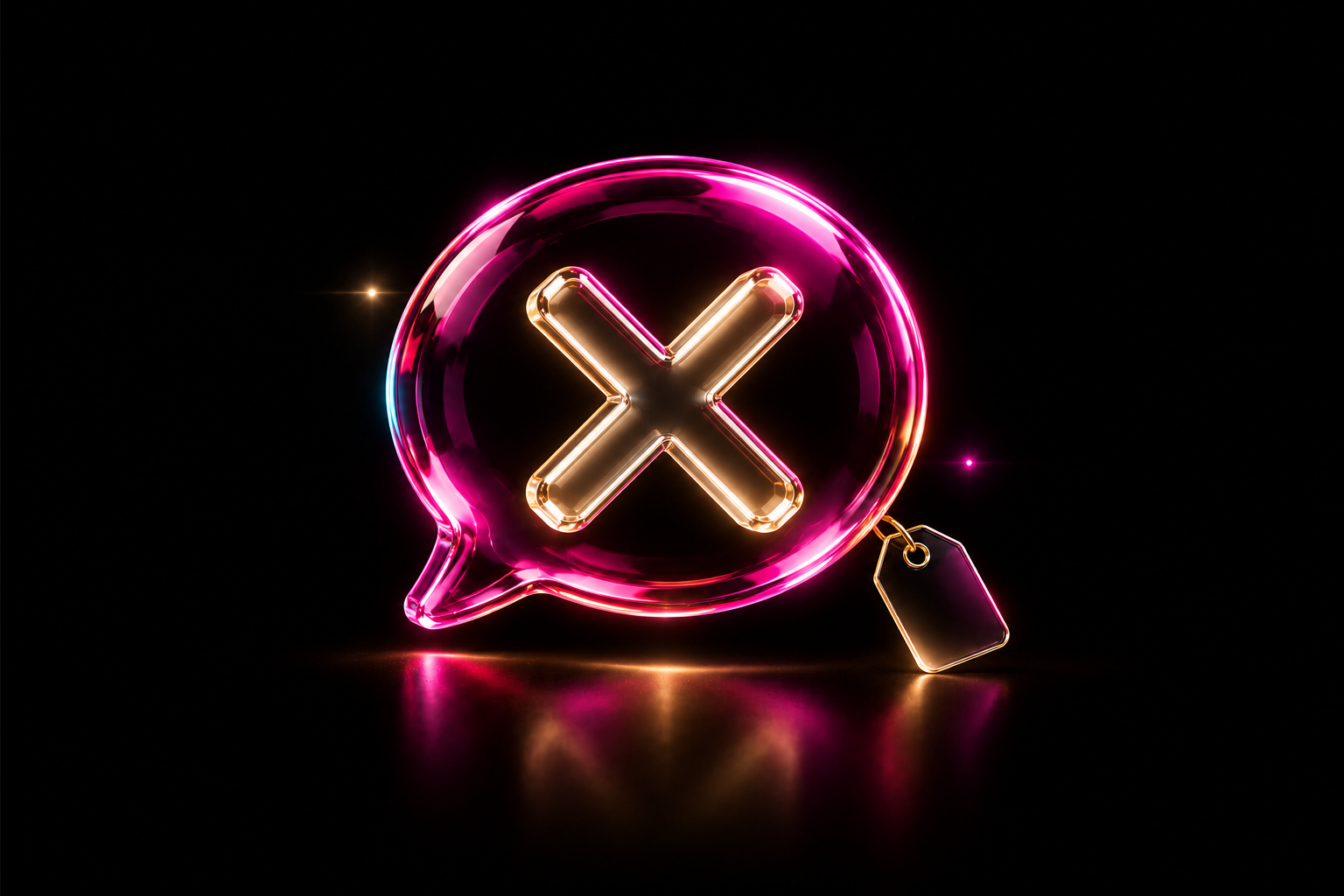 Neon pink speech bubble containing a gold X, with a blank price tag hanging beside it on a black background.